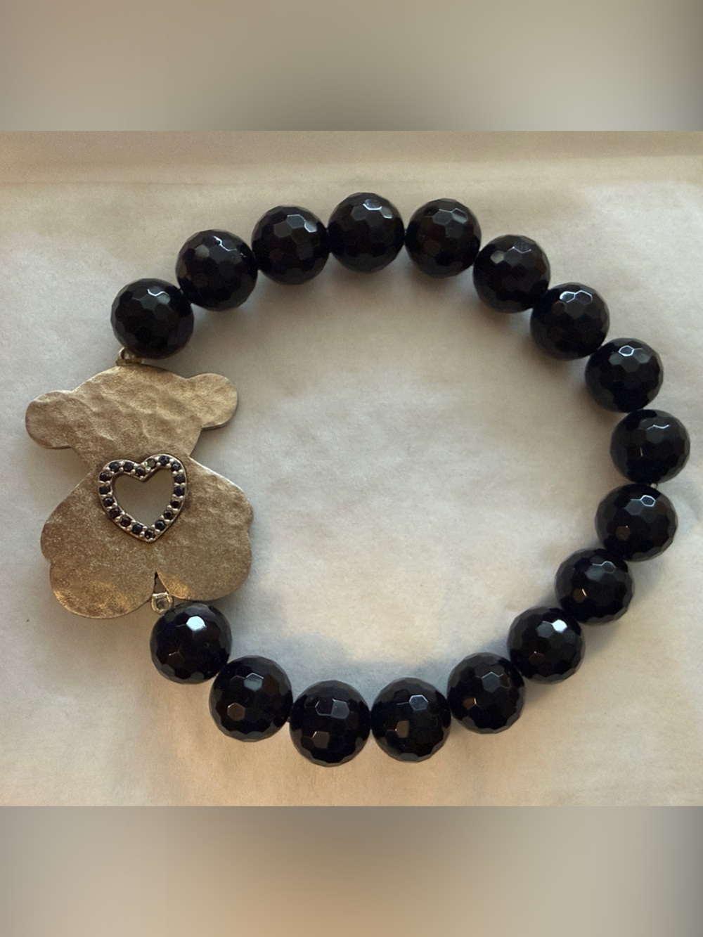 Tous Black Beaded Bracelet with Bear Charm and Heart Accent